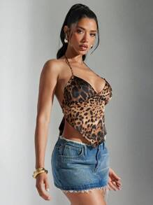 Denimoi Leopard Print Open Back Handkerchief Halter Top Sexy Top, Fashionable Vacation Top, Cute Summer Top Date Night Tops Going Out Tops Backless Tops Cheetah Print Tops, Y2k - Multicolor - View 3