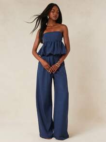 NYA SZN Leah 露肩牛仔泡泡荷叶边短款上衣，海军蓝，夏季海滩度假风，适合各种场合，包括节日和嘉年华，适合女性穿着。 - 藍色 - 查看 3