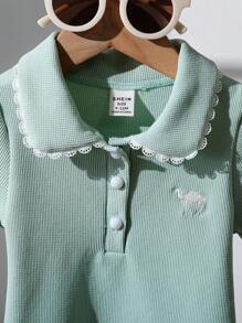 SHEIN 女婴休闲刺绣短袖POLO衫，春夏 - 綠色 - 查看 5