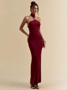 SHEIN BAE Váy suông hở lưng màu đỏ rượu vang, dây buộc ôm sát gợi cảm, váy liền thân thanh lịch, váy hở lưng không tay trang trí kim loại, váy dài đi biển cho kỳ nghỉ - Màu Đỏ Sâu - Xem 6