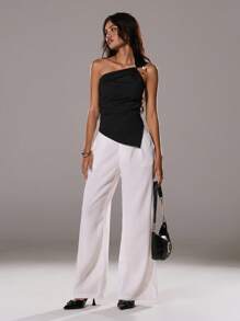 TRNVIE Áo thun đen thời trang thanh lịch lệch vai trang trí nút viền bất đối xứng cho nữ, mùa xuân/hè - màu đen - Xem 4