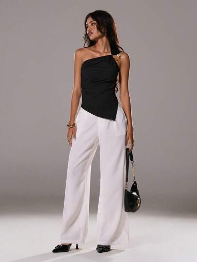 TRNVIE Women's Fashionable Elegant Oblique Shoulder Decorated Button Asymmetrical Hem Black Top, Spring/Summer