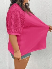 SHEIN CURVE+ 大码夏季休闲纯色提花拼接上衣，适合夏季/乡村/海滩度假 - 玫紅色 - 查看 8