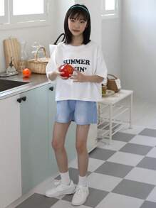 DAZY 青少年女孩心形口袋拼色休闲牛仔短裤，适合夏季、返校服装 - 淺色水洗藍 - 查看 8