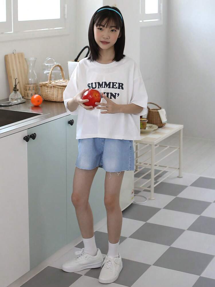 Tween Girls' Heart Pocket Color Block Casual Denim Shorts For Summer,Back To School Clothes