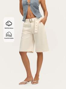 Nöista Short bermuda blanco a medida con cinturón - Short bermuda blanco a medida elegante con cinturón a juego, adecuado para estilos veraniegos casuales pero refinados. - Blanco - Ver 1
