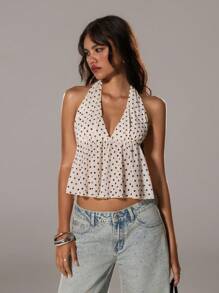 TRNVIE Polka Dot V-Neck Halter Women's Tank Top, Elegant Style For Spring/Summer