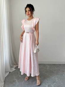 Elenzga Vestido de vacaciones de talla estándar para mujer, de cintura ajustada, con mangas acampanadas y volantes, de unicolor, elegante y de longitud media - Rosa - Ver 5