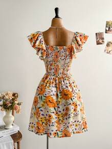 Soleia Plus Size V-Neck Layered Collar Cap Sleeve Cinched Waist A-Line Orange Floral Print Resort Vacation Mini Dress - Multicolor - View 2