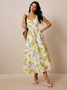 Poéselle 奶油黄连衣裙，棉质印花连衣裙，柠檬印花连衣裙，前襟纽扣装饰，舒适透气面料，女士水果印花单排扣休闲中长吊带连衣裙，夏季长款连衣裙，适合日常穿着、外出、通勤、约会、度假等场合，波西米亚风女装 - 彩色 - 查看 5