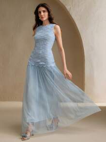 Anewsta Elegant Romantic Fitted Dress With Fabric Patchwork, Suitable For Date, Party, Wedding Guest, Spring, Summer - Blue - View 4