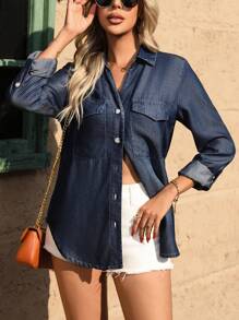 SHEIN LUNE Women's Fashion Versatile Button-Up Long Sleeve Pocket Loose Blouse Fall Cloth For Women - Dark Wash - View 5