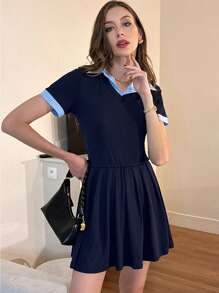 Pariaura 女式法式街头风格两件套短袖连衣裙，配色块细节和褶皱下摆 - 藍色 - 查看 3