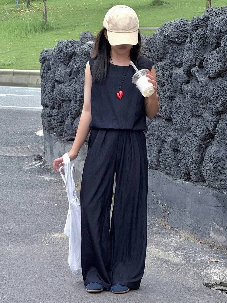 2pcs Tween Girl Sleeveless T-Shirt And Straight Pants Set, Fall Clothes, Back To School Clothes