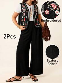 SHEIN LUNE Plus Size Two Pieces Holiday Leisure Suit, Casual High Waist Wide Leg Trousers & Embroidered Sleeveless Vest Two Pieces Suit,Ins Blogger Outfits,Elegant Daily Party Even, Vacation Style, Holiday Outfits,Boho/Bohemian Two Pieces Set,Office,Old Money,Holiday Outfits,For Daily Wear,Casual Daily Wear,Commute,Minimalist,Pride Month Apparel - Black - View 8