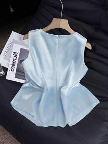 SHEIN Clasi Women's Sleeveless Solid Color Rhinestone Decor Elegant Blouse - Blue - View 2