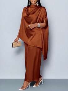 SOLERSUN 女士时尚纯色优雅立领时尚精致蝙蝠袖缎面不对称下摆衬衫和直腿优雅长裤套装 - 棕色 - 查看 1