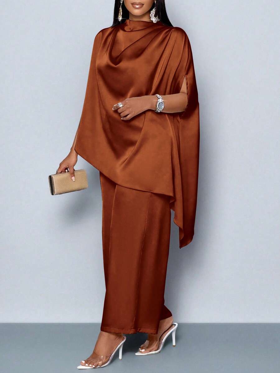 SOLERSUN 女士时尚纯色优雅立领时尚精致蝙蝠袖缎面不对称下摆衬衫和直腿优雅长裤套装 - 棕色 - 查看 1