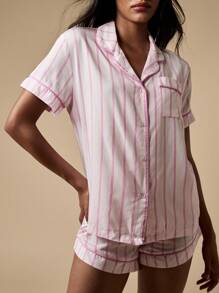 MISSGUIDED 经典睡衣套装纽扣衬衫短袖睡眠家居服舒适睡衣春夏季睡衣 - 粉色 - 查看 5