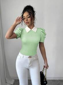 Elenzga 女士优雅日常衬衫领黑白撞色荷叶边修身T恤 - 薄荷綠 - 查看 5