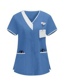 TaskEZ 拼色V领口袋短袖手术服套装