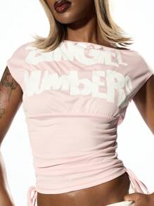 SUMWON WOMEN High Impact Graphic Statement Top Summer Workout Dance Studio Ruched Side Crop Exercise Activewear - Pink - View 8
