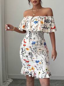 Selianne Đầm bodycon trễ vai bèo nhún in họa tiết nhiệt đới cho trang phục đi biển dành cho nữ - Nhiều màu - Xem 4