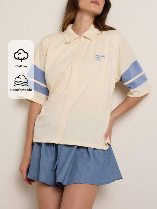 Nöista Summer Zipper Oversized Graphic Top, Contrast Color Detail Short Sleeves Women's Casual Top