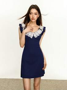 Rina Fox Summer Fashion New Sweet Lace Patchwork Design, Ruched, Cap Sleeves, Bow Decor, Sexy Mini Dress Suitable For Dating, Graduation Party, Vacation - Navy Blue - View 3