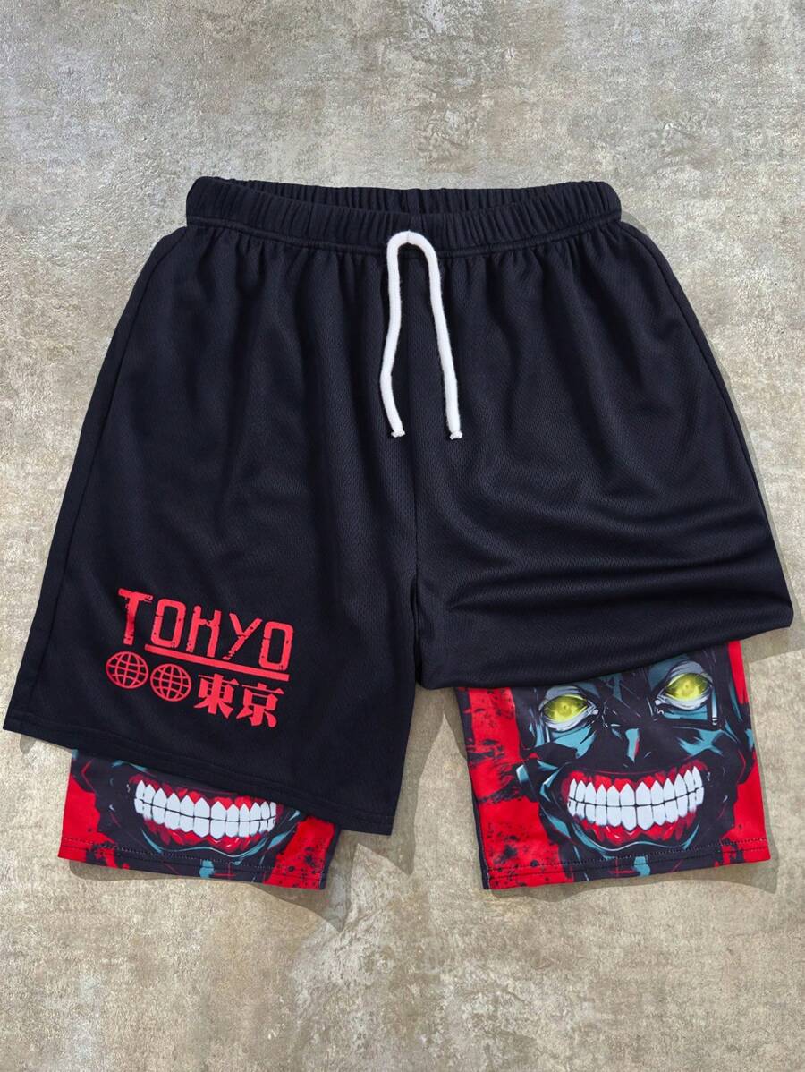 SHEIN Bolty 1pc Tween Boy Simple Figure Graphic Drawstring Waist Shorts, For School & Spring Wear