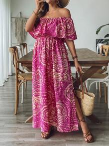 SHEIN VCAY Vestido largo de mujer talla grande con estampado retro en fucsia, hombros descubiertos, cintura con volantes y abertura lateral, vestido de playa para mujer, atuendos de vacaciones en la playa, atuendos de aeropuerto, atuendos de vacaciones de verano, estilo bohemio, ropa de mujer, atuendos para brunch, atuendos de vacaciones en la ciudad, ropa occidental para mujer, ropa de verano europea para vacaciones en la isla, atuendos de luna de miel, atuendos de Miami, atuendos de Saint-Tropez, atuendos de Tulum, atuendos de South Beach, atuendos de Santorini Grecia, atuendos de la de Amalfi, atuendos de Ibiza, chica de la isla con hombros descubiertos - Rosa Fucsia - Ver 6