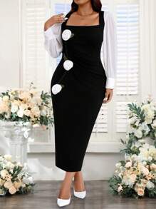 SHEIN Tall Plus Size Elegant Contrast Color Block 3D Floral Decor Dress - Black - View 5