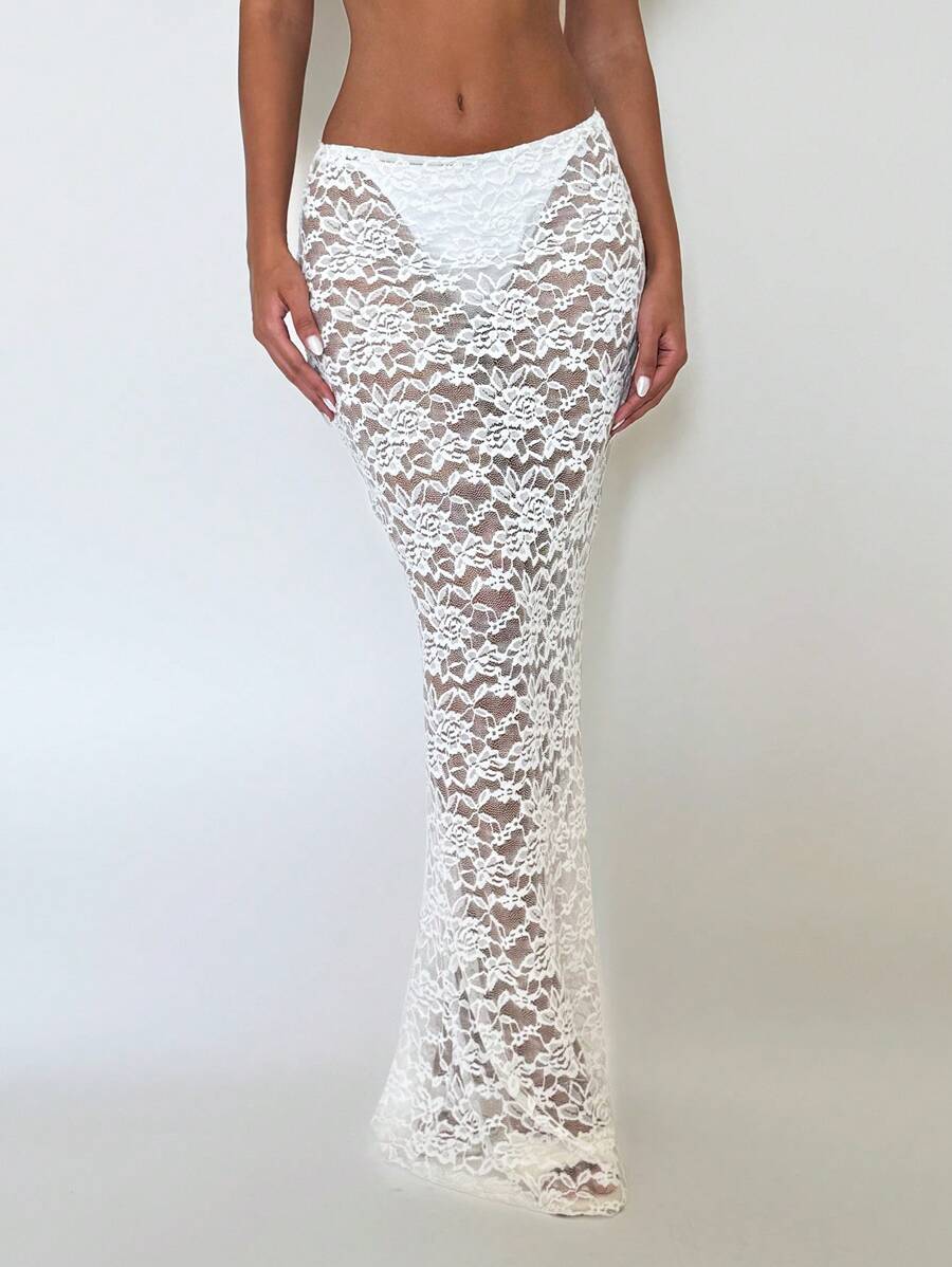 EgrlEra 1 件套白色蕾丝海滩罩衫美人鱼裙泳衣，适合女士，夏季度假 - 白色 - 查看 1