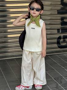 DAZY 2 件套小男孩圆领无袖 T 恤和长裤，秋季服装，返校服装 - 白色 - 查看 7