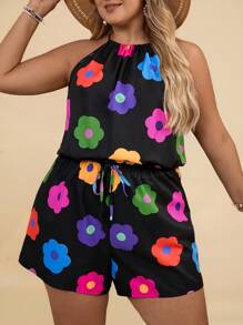 Travachic Plus Size Women Floral Print Waist Tie Halter Romper - Multicolor - View 5