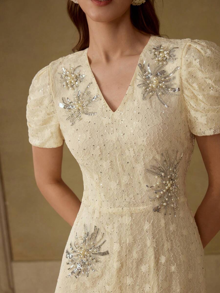 MOTF PREMIUM LACE CONTRAST SEQUINS AND FAUX PEARL DETAIL DRESS