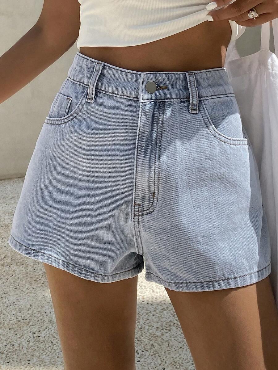 Livesso 新款复古效果水洗宽松设计休闲牛仔短裤，夏季 - 藍色 - 查看 1