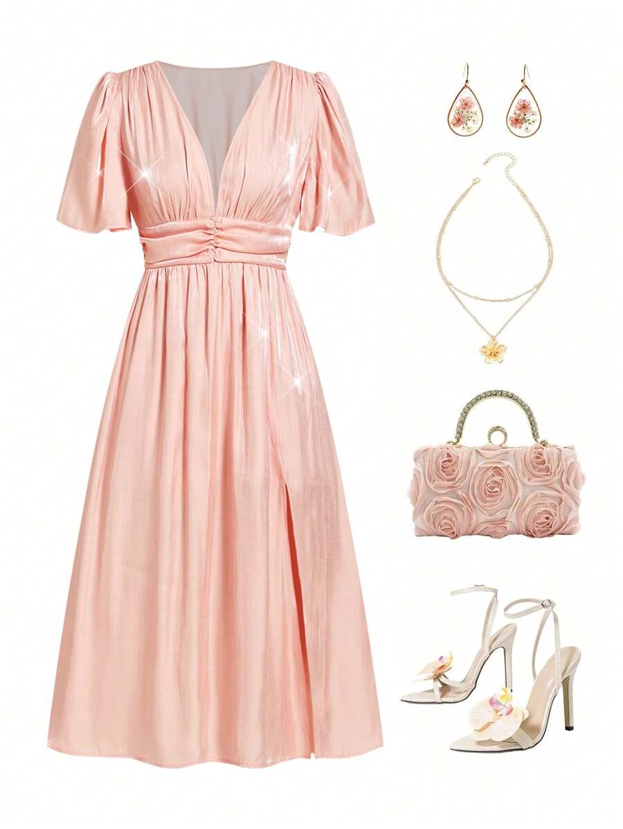 Ellevyn 优雅女士褶饰腰带喇叭下摆开衩中长连衣裙，奢华感适合社交场合 - 藕粉色 - 查看 1