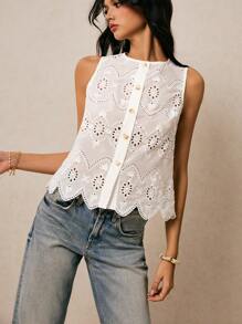 Poéselle Women's White Embroidered  Round Neck Sleeveless Button Front Vest Blouse,Summer Tops,Going Out Tops Women,Cute Summer Top,Vacation Outfits Woman,Old Money