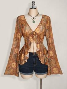 SHEIN ICON 加大码 Y2K 复古花卉印花前系带针织上衣，阳光佩斯利印花，波西米亚风，喇叭袖透明印花衬衫，音乐节，暑假 - 彩色 - 查看 4