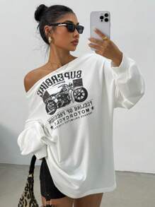 INAWLY 女式露肩长袖字母印花休闲衬衫图案T恤女式上衣，适合春季穿搭