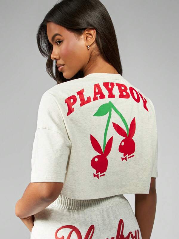 Missguided x Playboy Tricou casual supradimensionat cu design de cireșe, top scurt de primăvară-vară, lenjerie de casă, stil stradal, ținute de relaxare