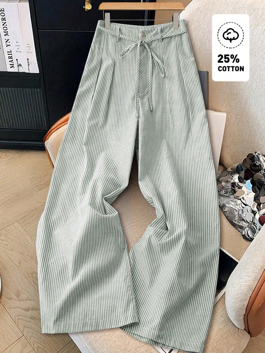 Chiquease 女士休闲蓝色条纹阔腿裤，竹节结带设计，适合春夏季 - 綠色 - 查看 1