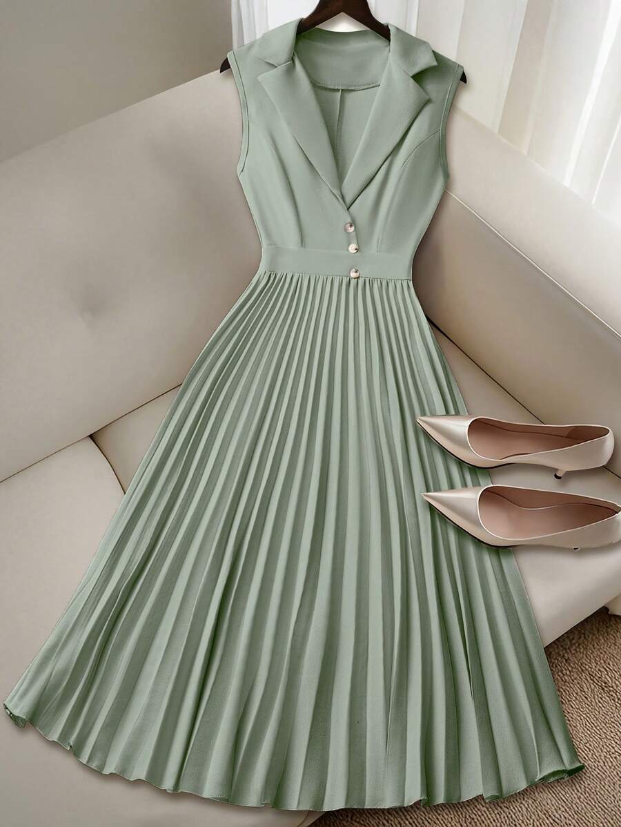 SHEIN Clasi Váy xếp ly trơn màu thanh lịch cho nữ, Xuân/Hè - màu xanh lá - Xem 1