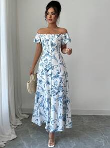 Elenzga Ladies Elegant Print Summer Collar Off The Shoulder Dress - Blue - View 6