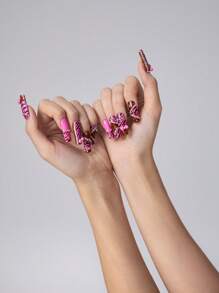 ROMWE J-Fashion 10pcs Y2K Style Tiger Print, Leopard Print And Bow Design High Quality Handmade False Nails + 3pcs Double-Sided Adhesive, Removable 3D Bow Decor, Rhinestone, Glitter Dual-Colored Nail Stickers, Suitable For Holidays, Parties, Dance And Daily Wear