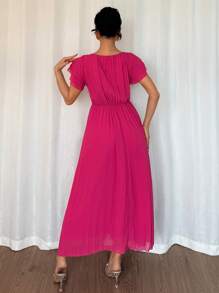 Rafferiza 法式休闲华丽浪漫腰带款式女士优雅连衣裙纯色女士连衣裙女士优雅连衣裙女派对连衣裙 - 酒紅色 - 查看 6