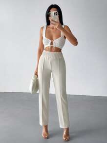 RueChic Damen einfarbige Stoffhose mit elastischem Bund und geradem, gestreiftem Design für den Lässig-Look