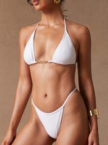 SHEIN Unity 游泳白色比基尼泳裤俏皮，日常海滩度假池畔音乐节飞溅粉彩夏季 - 白色 - 查看 5