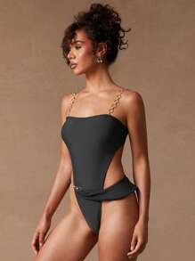 SHEIN Unity 1pc Women's Backless One-Piece Swimsuit, Sexy Beach For Summer - Black - View 6